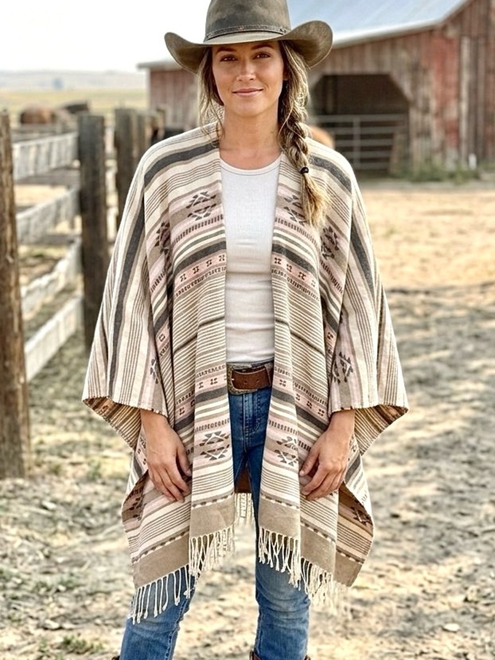 Bohemian Striped Fringe Poncho Jacket - Beige